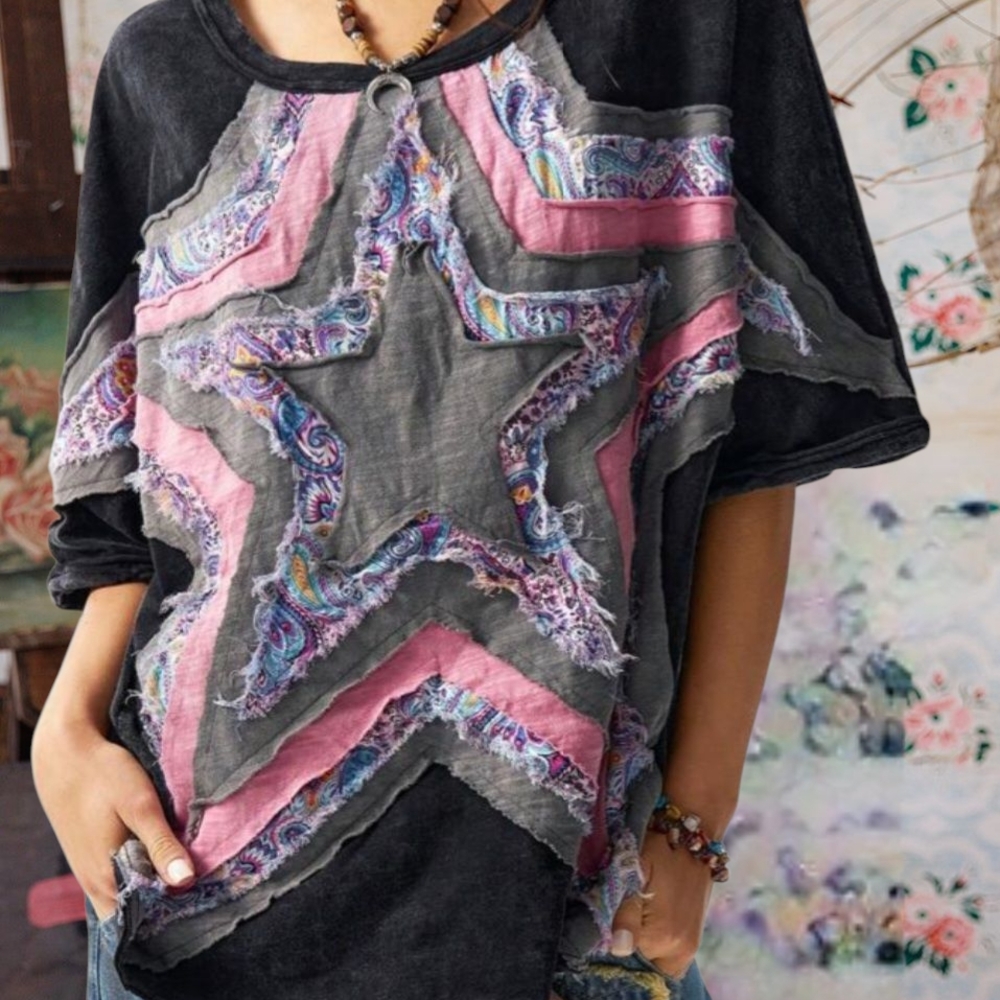 Pol Women's blue and Pink boho Star Pattern cotton patchwork Top L Read !